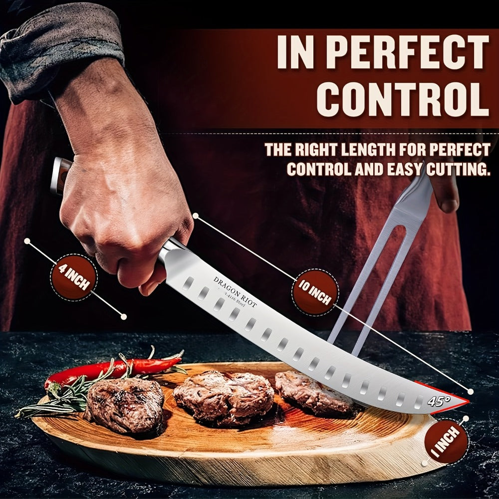 Brisket Carving Knife 10 Inch, High Carbon Steel Granton Edge Slicing Knife, Hand Forged Meat Carving Knife with Ergonomic Wood Handle for BBQ, Brisket, Roast & Turkey