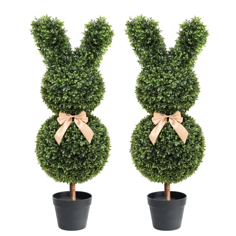Artificial Boxwood Bunny Topiary 2-Pack | 3Ft Faux Rabbit Garden Statue with Bow, Indoor Outdoor Easter Spring Porch Decor, Lifelike Greenery Sculpture with Planter