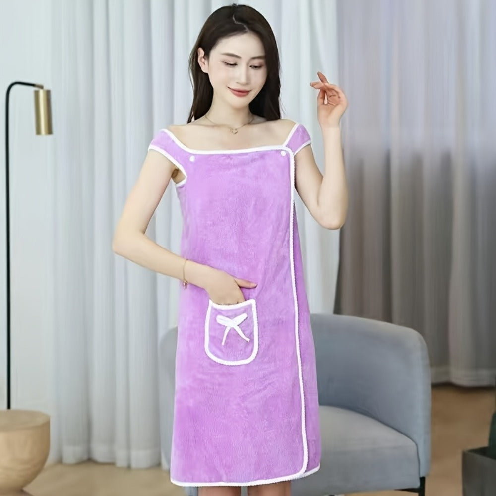 Wearable Bath Towel Wrap Coral Fleece Bow-Knot Strapless Bathrobe Quick Dry Absorbent 260GSM Soft Skin-Friendly Adult Shower Towel for Bathroom Beach Spa Light Purple Pink