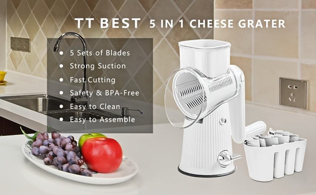 Rotary Cheese Grater with Interchangeable Blades ¨C 5-in-1 Manual Vegetable Slicer Shredder Set, Suction Cup Base, Easy to Clean, Multifunctional Kitchen Tool for Fruits, Vegetables & Nuts