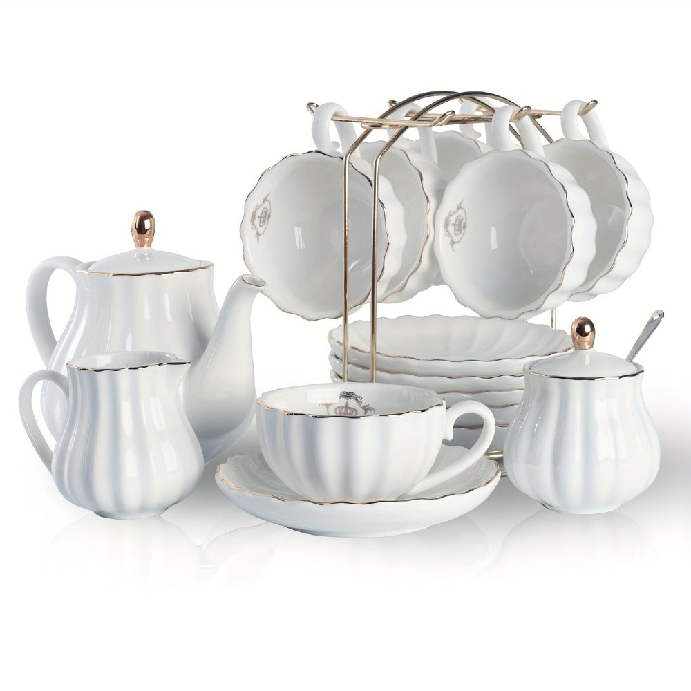 Porcelain Tea Set for 6 - 22 Piece British Royal Floral Service with Teapot, Cups & Saucers, Sugar Bowl, Cream Pitcher & Tea Strainer