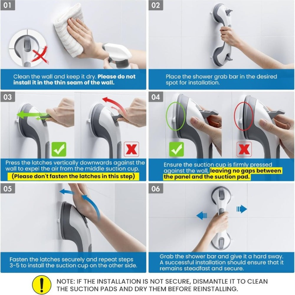 Grab Bar for Shower Suction Cup Heavy Duty 12 Inch Bathroom Safety Handle No Drill Removable Waterproof Shower Grip Bar for Elderly Handicapped Disabled Non-Slip Bathtub Assist Handle Bath Safety Rail