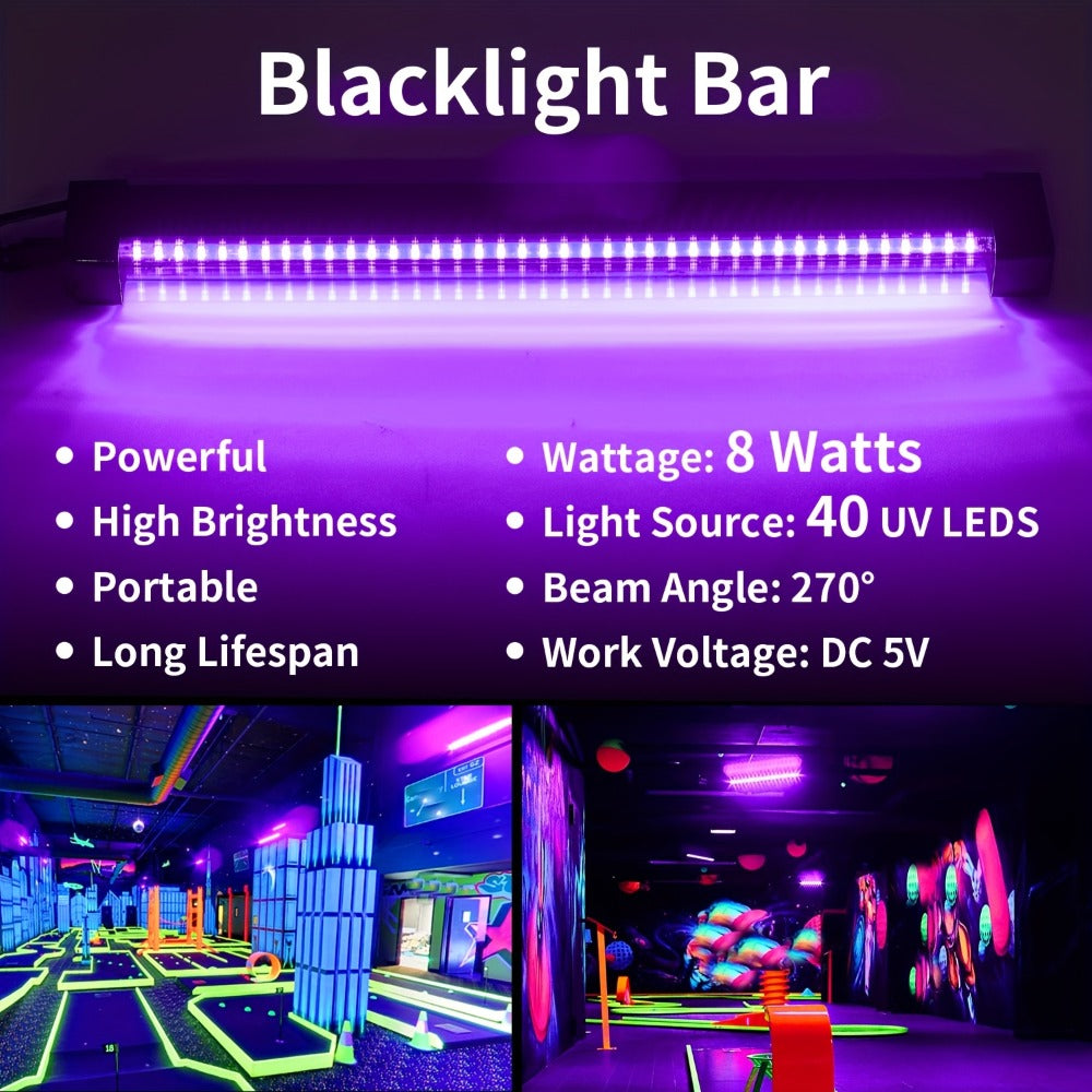 UV Black Light Bars & Strips 8-Piece Set ¨C 385-400nm USB Powered 5V LED Blacklight for Glow Party, Halloween, Neon Party, Body Paint & Fluorescent Art (4x32cm + 4x250cm)