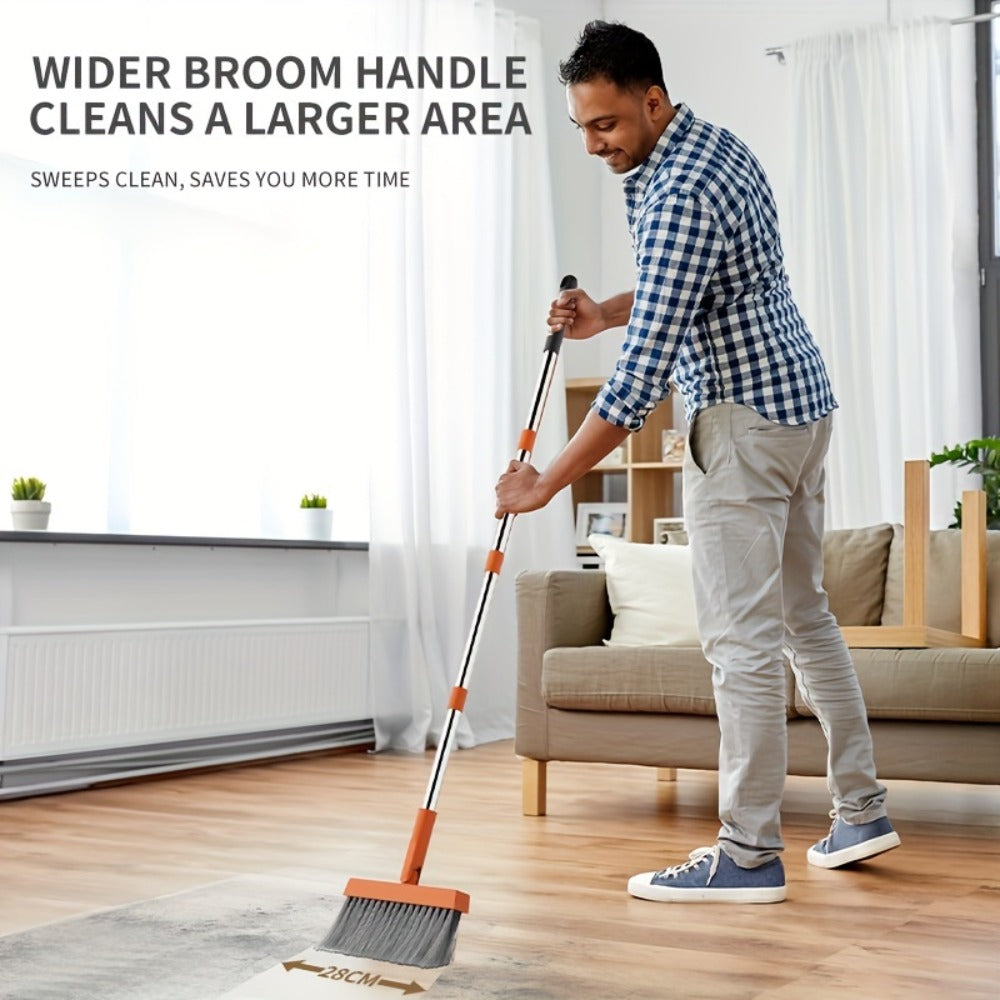 Folding Broom and Dustpan Set 50 Inch Extended Handle - Dense Elastic Bristles Wide Deep Dustpan for Dust Hair Debris, Foldable Broom for Home Kitchen Bathroom Bedroom Living Room, Blue White Black Orange Khaki