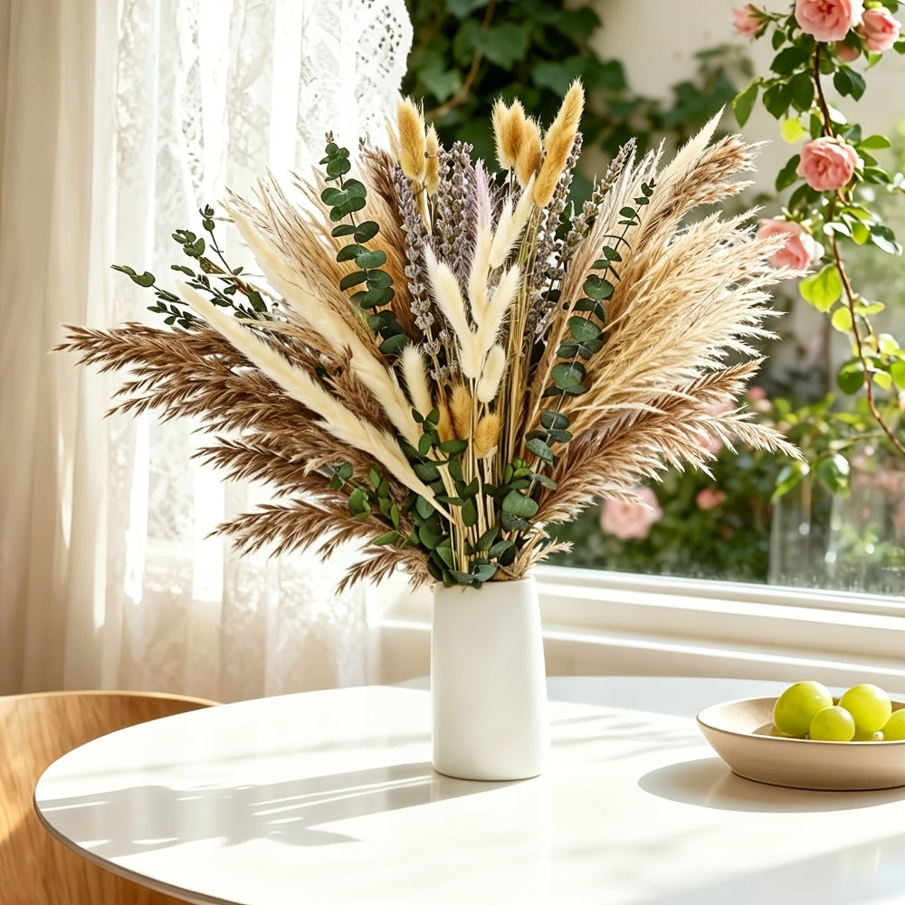 Boho Pampas Grass Dried Flower Arrangement ¨C Lavender Eucalyptus Bouquet with Gemstone Accents for Home Decor, Rustic Wedding Centerpiece & Bohemian Bedroom Vase Filler
