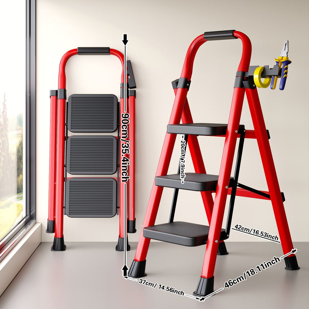 Folding Step Ladder 3 5 Step 500 lb Heavy Duty Steel Anti-Slip Wide Treads Handrail Safety Lock Portable Multi-Function Step Stool for Home Kitchen Garage Outdoor Black Red