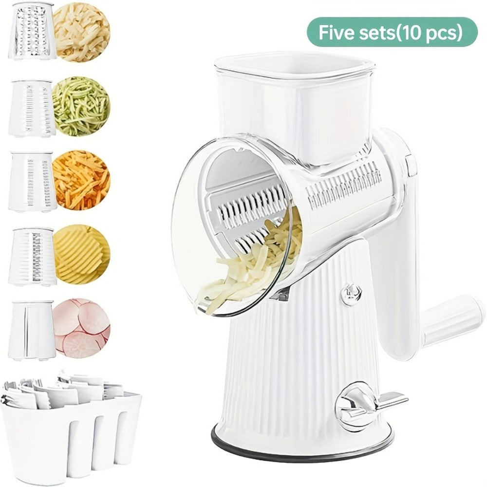 Rotary Cheese Grater with Interchangeable Blades ¨C 5-in-1 Manual Vegetable Slicer Shredder Set, Suction Cup Base, Easy to Clean, Multifunctional Kitchen Tool for Fruits, Vegetables & Nuts