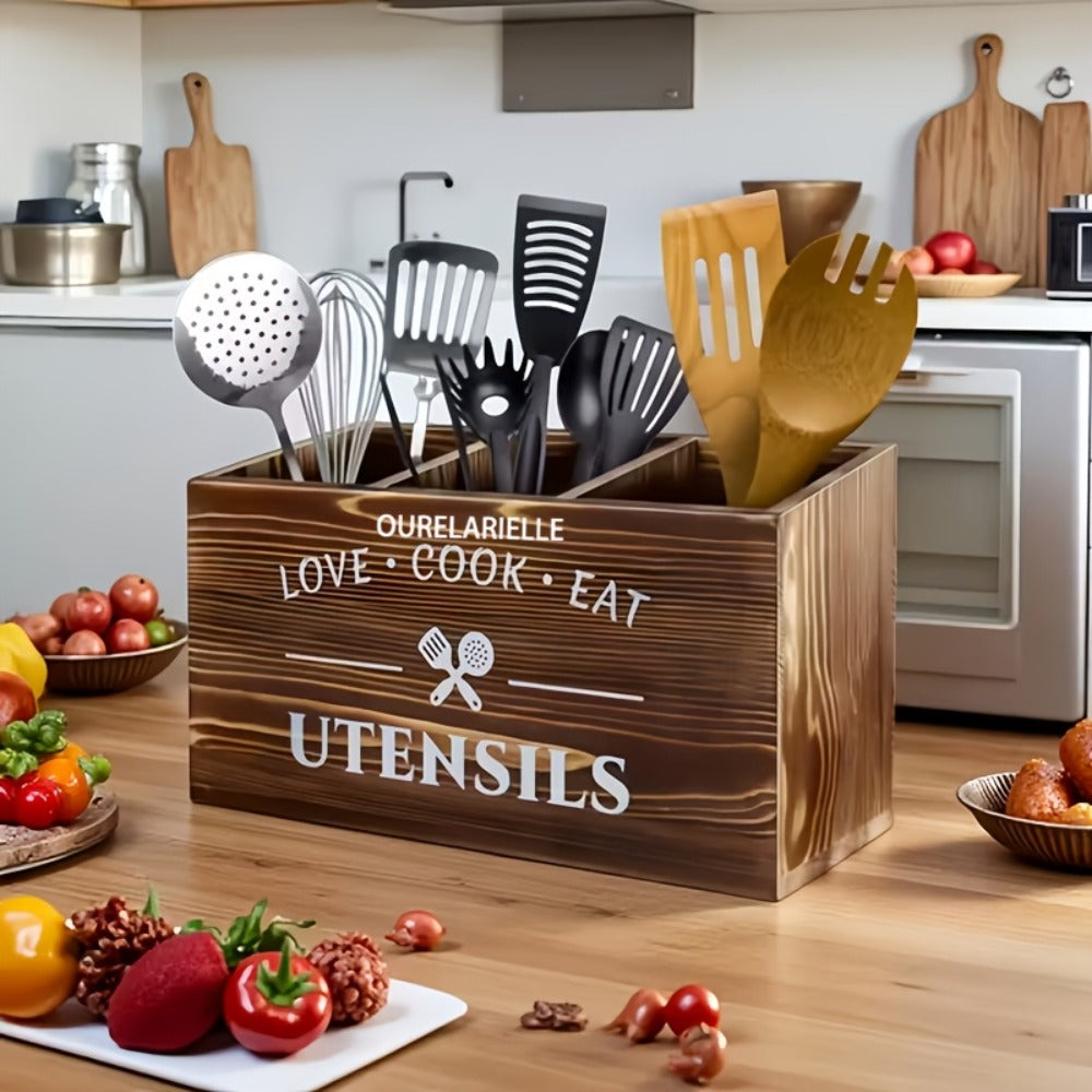 Wooden Cutlery Storage Box with Grid Compartments Chopstick Organizer Rack with Metal Accents for Kitchen Drawer Bedroom Desk Home Organization in Natural White Black