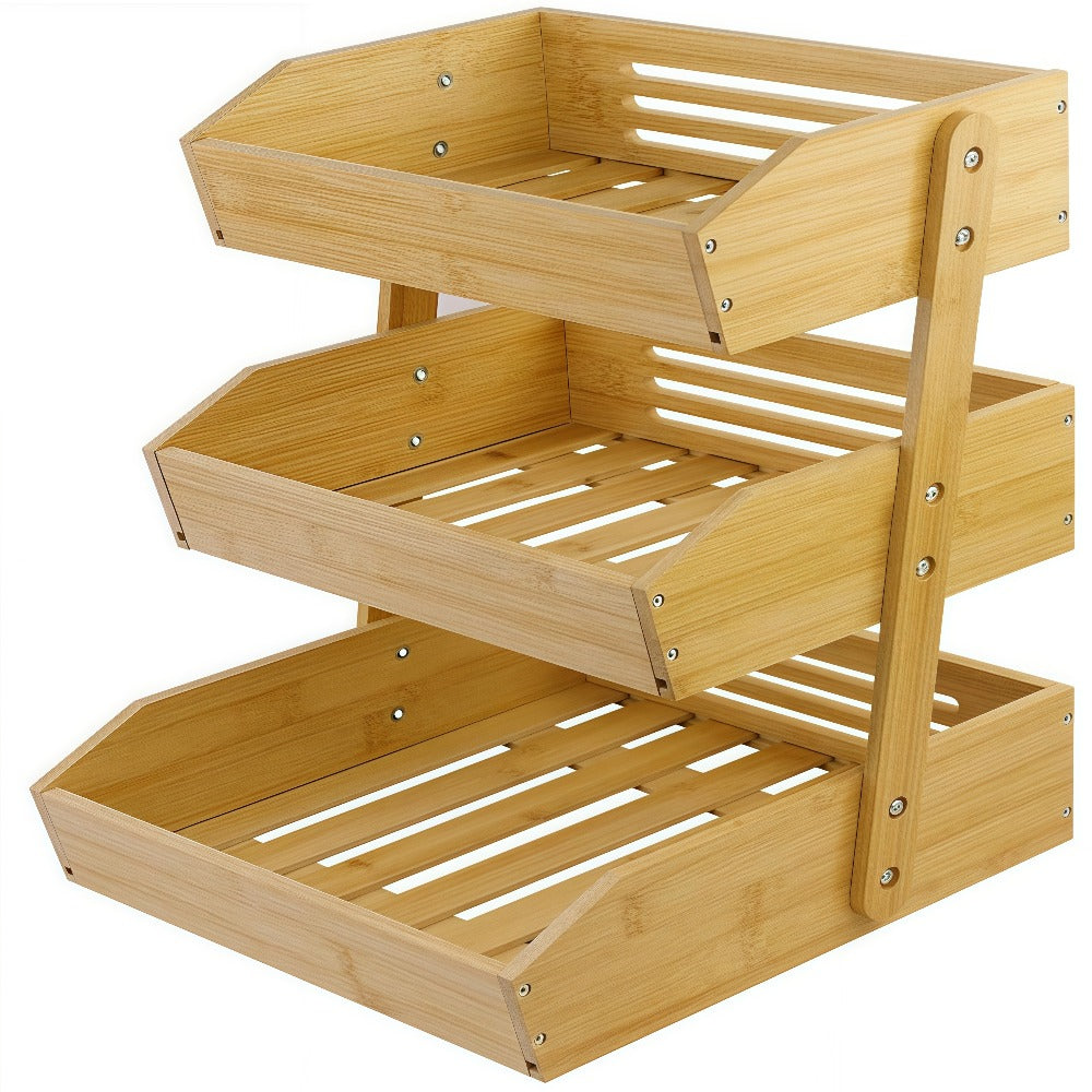 Bamboo Fruit Storage Rack 2-3 Tier with Hooks, Kitchen Counter Organizer for Fruits Vegetables Bread Spices, Freestanding Shelf Basket Display Stand