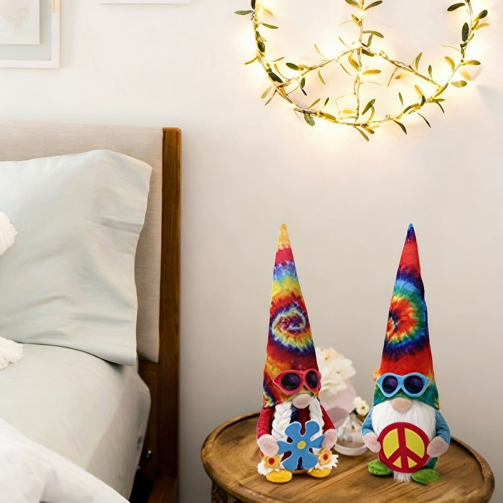 Hippie Gnomes Decorations 2 Pack ¨C Groovy Tie Dye Tomte Figurines with Peace Sign & Fashion Glasses, 13.5¡± Swedish Gnome Shelf Sitters for Farmhouse, Christmas, Halloween & Party Decor