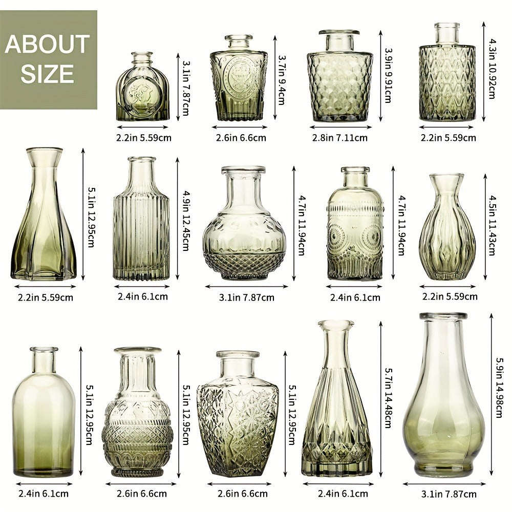 Mini Glass Vases Bulk Set 14pcs Gradient Green Relief Flower Bottles for Wedding Centerpiece Home Dining Table Party Decor Halloween Christmas