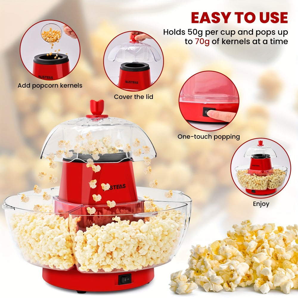 Hot Air Popcorn Maker with 4 Bowls ¨C Oil-Free Electric Popcorn Machine 95% Pop Rate Ready in 3 Min | Portable Popcorn Popper for Movie Night Family Gatherings Parties Home Theater Kitchen Use Red