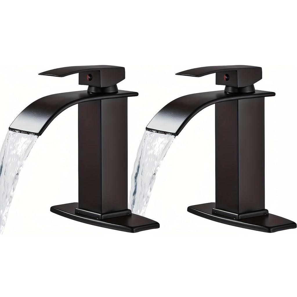 Waterfall Bathroom Sink Faucet, Single Hole or 3-Hole Mixer Tap with 6¡± Deck Plate, Ceramic Valve, Vanity Faucet for Farmhouse RV Bathroom, Brushed Gold Matte Black Nickel Chrome