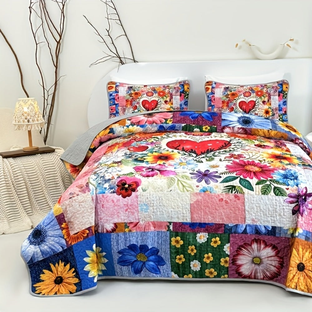 Comforter Set 2 3 Piece Colorful Floral Print Quilt with Pillowcases, Soft Breathable Hypoallergenic Machine Washable Quilted Bed Cover for Twin Full Queen King, Boho Flower Bedding Room Decor