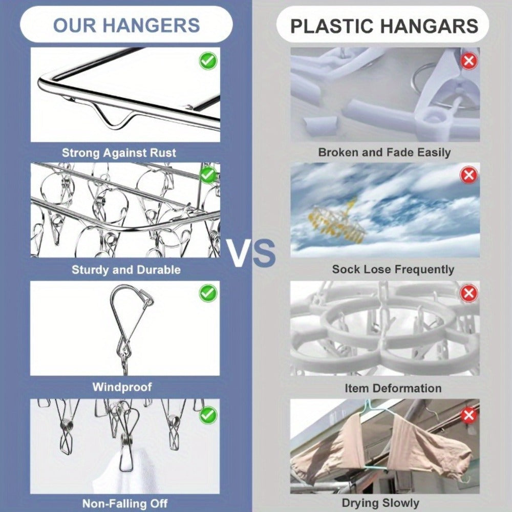 Clothes Drying Rack with Clips Stainless Steel Laundry Hanger Windproof Skidproof Multi-Clip Sock Underwear Dryer for Home Bedroom Balcony ¨C 30/40/50 Clips