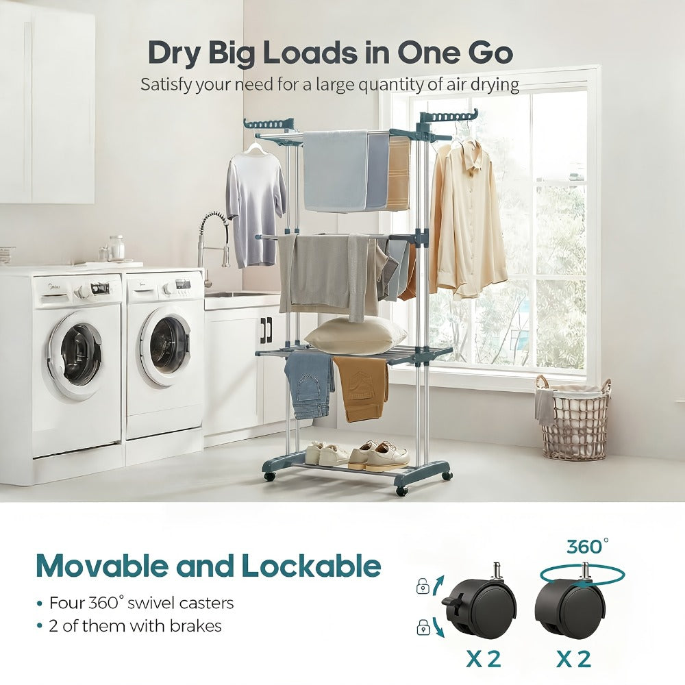 Clothes Drying Rack 4-Tier Foldable Metal Laundry Rack with Rolling Casters, Holds 30+ Garments, Adjustable Shelf Heights, Freestanding Collapsible Clothes Dryer Stand for Bedroom Bathroom Nursery Small Spaces