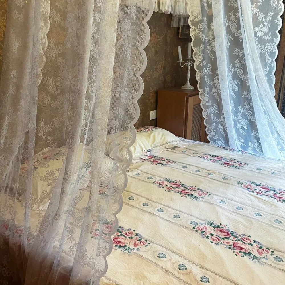 Lace Bed Canopy Mosquito Net ¨C Bohemian Romantic Sheer Bed Curtain for Bedroom, Hotel & Morocco Style Decor | Elegant White Princess Bed Drape for Twin, Full, Queen & King | 57x236 Inch