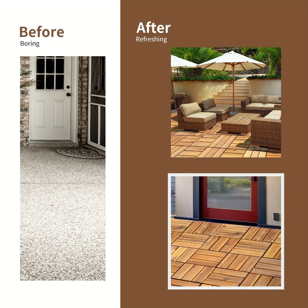 Interlocking Acacia Wood Deck Tiles 27-Pack ¨C 12x12 Inch Oil-Finished Slat Tiles, Covers 27 Sq Ft, Tool-Free Install, for Patio, Balcony, Garden, Deck & Indoor Flooring