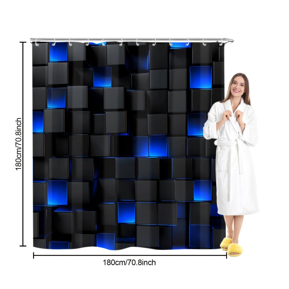 Shower Curtain Set with 12 Hooks & Toilet Seat Cover, 4-Piece Bathroom Set Dark Blue Geometric Abstract Cube Pattern, Modern Waterproof Bath Curtain Set for Bathroom Decor