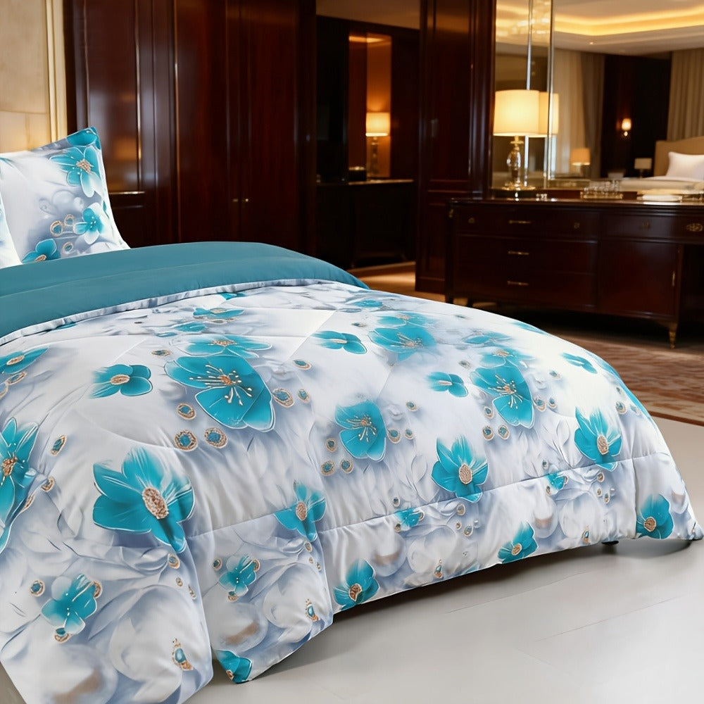 Teal Floral Comforter Set Twin Queen King Gradient Oil Painting Style Botanical Luxury Quilt Bedding Soft Microfiber All Season Bed in a Bag Gift