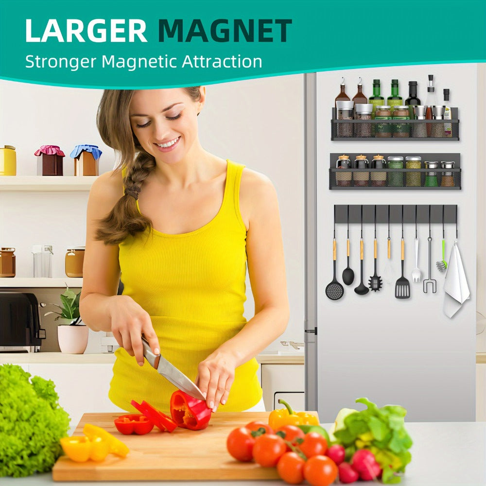 Magnetic Floating Shelf for Refrigerator 4-Piece Set with Hooks Strong Magnet Kitchen Organizer Fridge Side Storage for Spices Bottles Dorm
