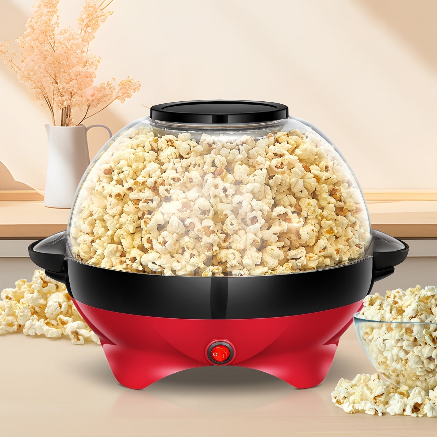 Popcorn Machine 800W Electric Stirring Popcorn Maker ¨C 6-Quart Non-Stick Plate, Quick-Heat Technology, Cool-Touch Handles, 2-in-1 Lid & Bowl for Home Movie Night