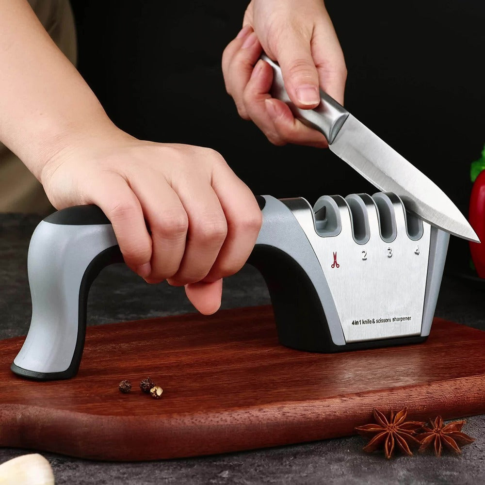 4-in-1 Knife Sharpener Manual Kitchen Tool for Chef Knives, Paring Knives, Steel Blades & Scissors ¨C 4 Stage Sharpening System with Non-Slip Base