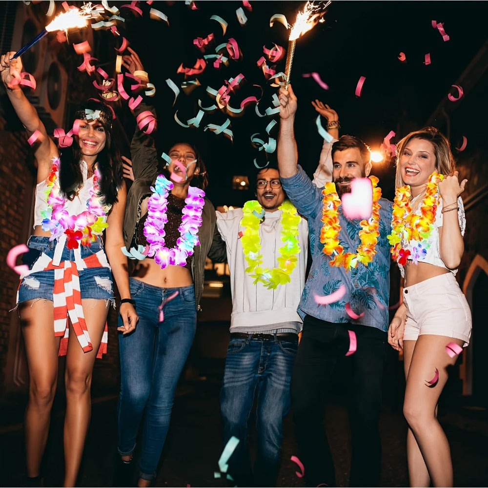 Light Up Hawaiian Lei Necklace 26pcs LED Flower Leis Glow Necklaces for Luau Party Beach Party Tropical Costume Accessories