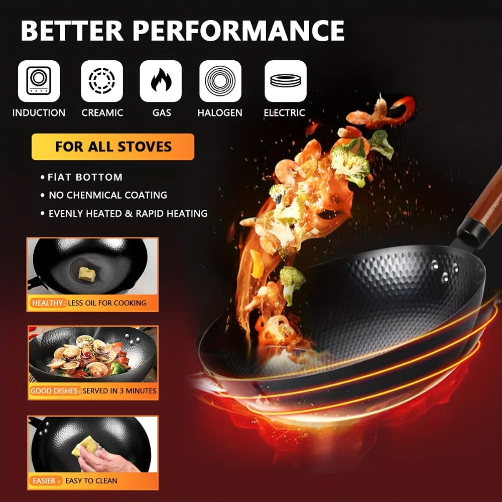 Cast Iron Wok Set 14 Piece 12.6 Inch Flat Bottom Stir Fry Pan with Lid Spatula Accessories - Natural Non-Stick Black Iron Wok for All Stoves Gas Electric Induction Honeycomb Design
