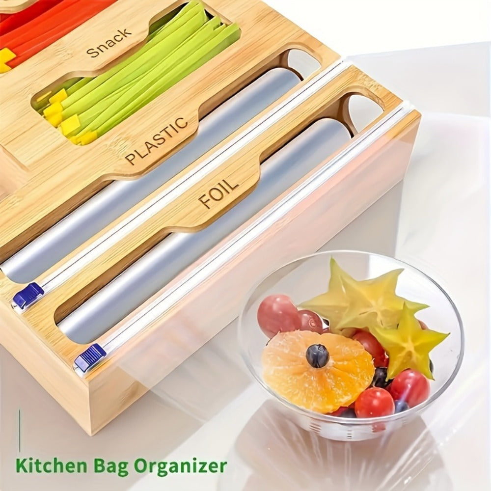 Bamboo Kitchen Organizer 6-in-1 - Aluminum Foil Plastic Wrap Dispenser with Cutter Ziplock Bag Organizer for Kitchen Drawer Gallon Quart Sandwich Snack Bags Storage