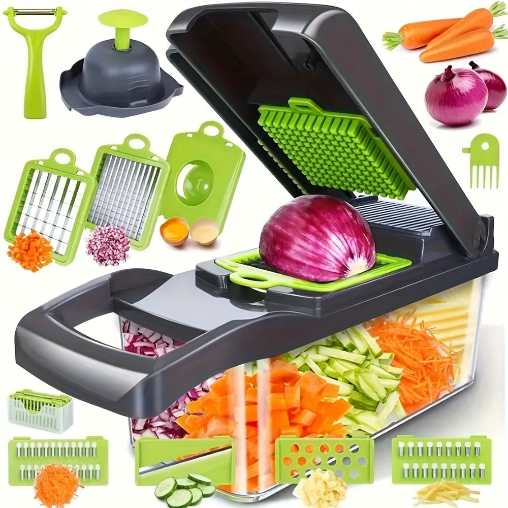 Vegetable Chopper 16-in-1 Manual Food Chopper Set ¨C 8 Stainless Steel Blades, 304 Container, Peeler & Filter | Onion, Garlic & Carrot Slicer Dicer | Professional Kitchen Meal Prep Tool