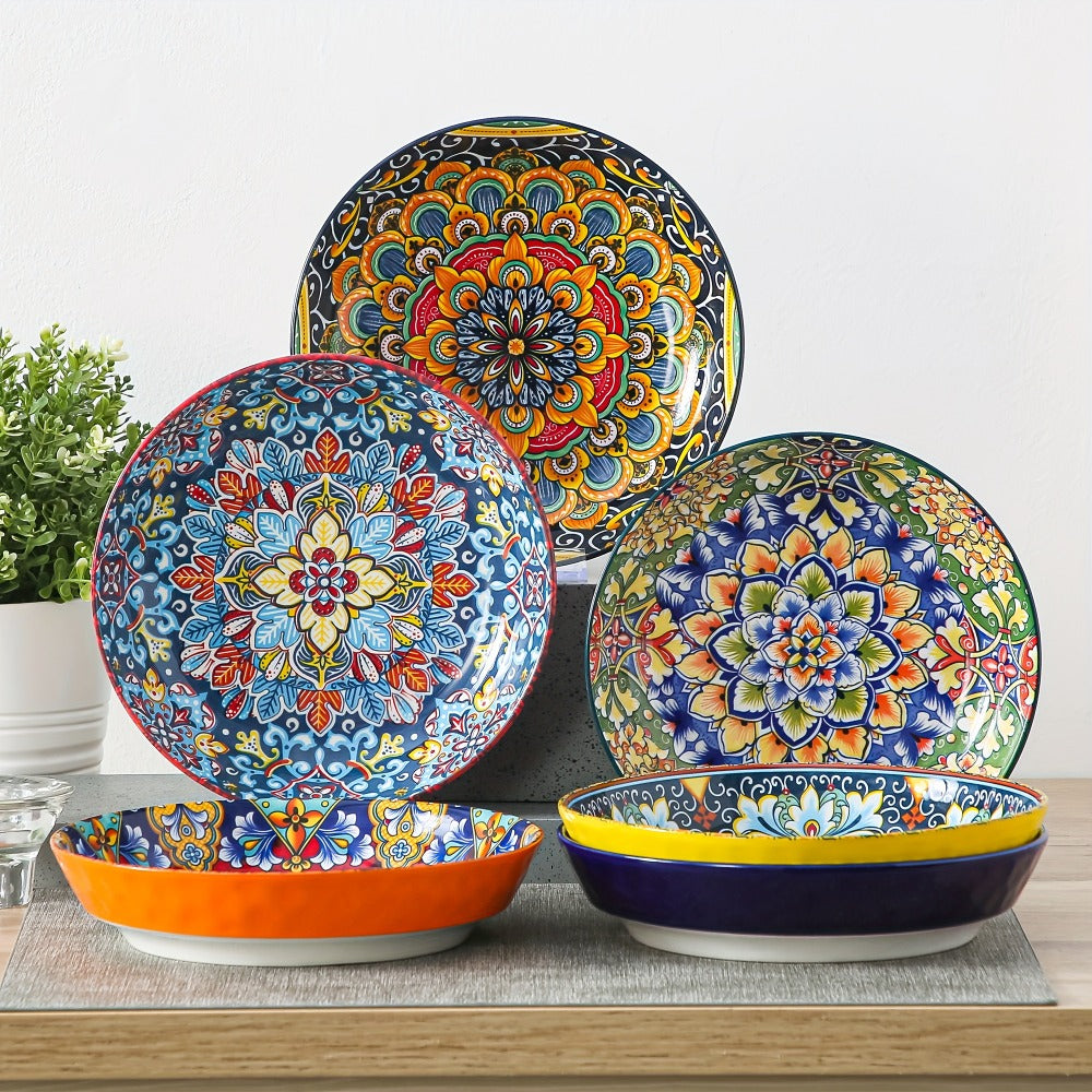 Bohemian Pasta Bowls Set of 6 | 32 Oz Porcelain, Floral Pattern, Microwave & Dishwasher Safe ¨C VANCASSO