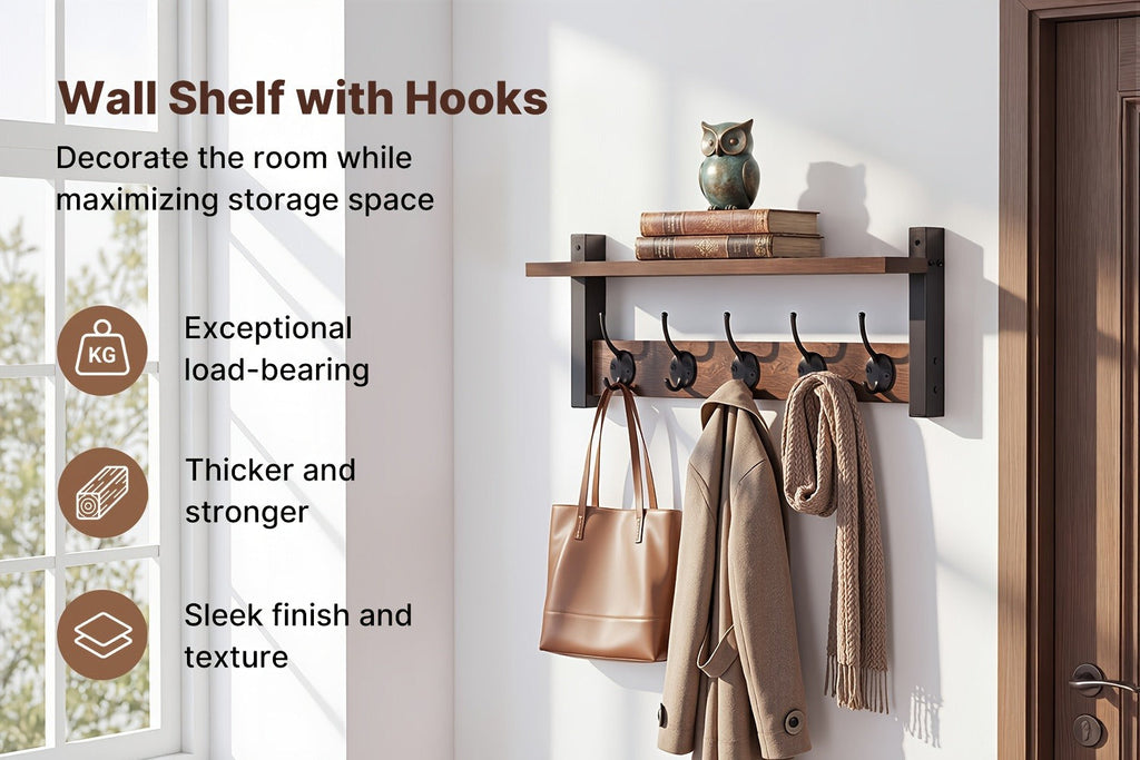 Wall Mounted Coat Hook Shelf with 5 Hooks - Wooden Floating Shelf & Key Rack Organizer for Entryway, Bedroom, Bathroom, Kitchen & Living Room - Rustic Vintage Style
