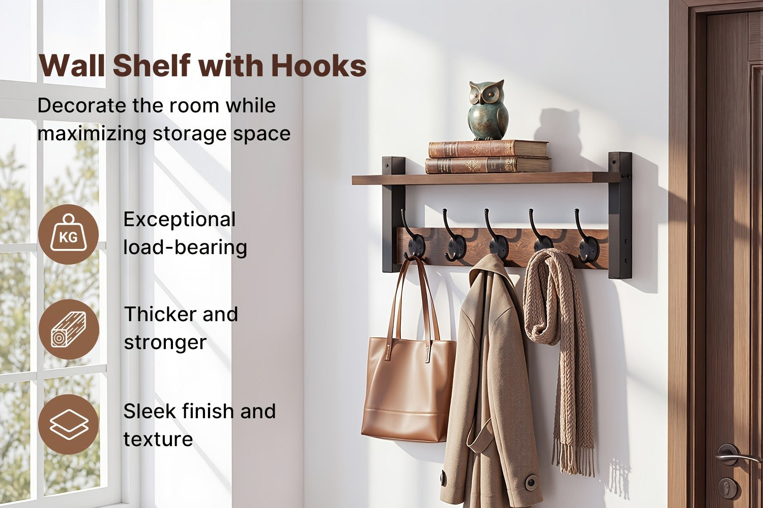 Wall Mounted Coat Hook Shelf with 5 Hooks - Wooden Floating Shelf & Key Rack Organizer for Entryway, Bedroom, Bathroom, Kitchen & Living Room - Rustic Vintage Style