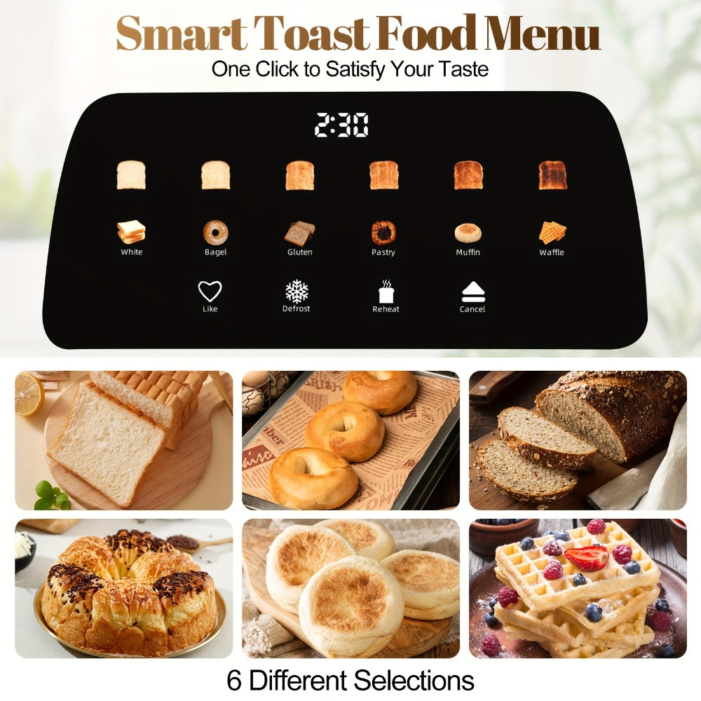 4 Slice Toaster with Touch Screen Control, 1.5¡± Wide Long Slots, 6 Browning Levels & 6 Bread Types ¨C Digital Timer, Memory Function, Defrost & Reheat for Family Breakfast, White & Black