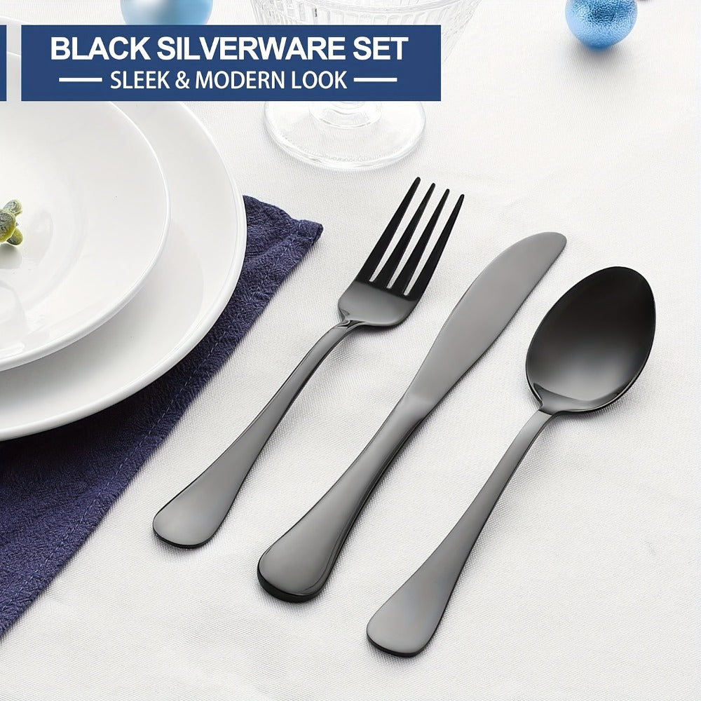 Stainless Steel Flatware Set with Steak Knives ¨C 24/48 Piece Silverware Set Service for 4 or 8, Mirror Polished Cutlery, Dishwasher Safe, Silver & Black
