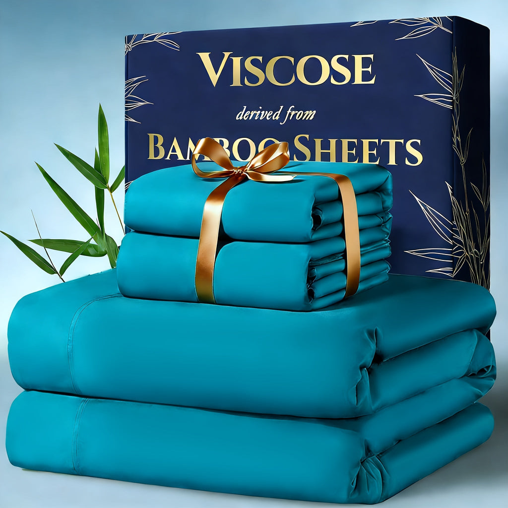 Bamboo Cooling Bedding Set 4pcs - Deep Pocket Fitted Sheet, Flat Sheet & Pillowcases for Hot Sleepers, Breathable Soft Viscose Sheets Twin Full Queen King