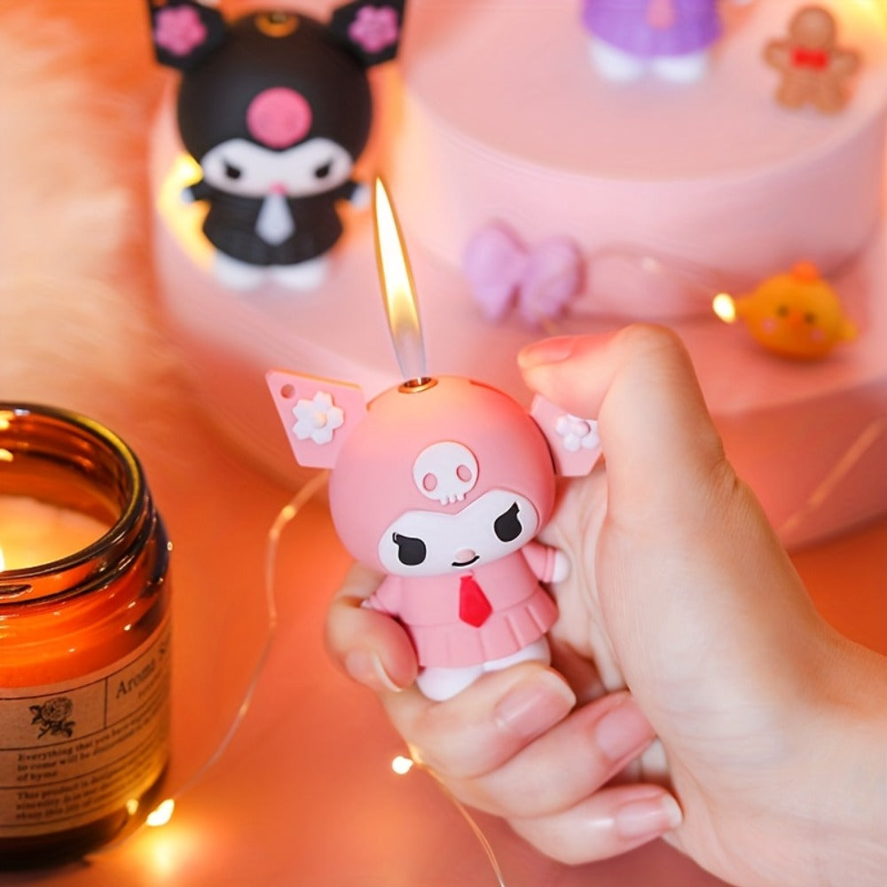 3D Kawaii Anime Figure Lighter with Chain, Cute Kuromi Sanrio Cartoon Open Flame Butane Lighter, Unique Kawaii Gift for Anime Fans, Available in 3 Colors ¨C Black, Purple & Pink (No Butane Included)