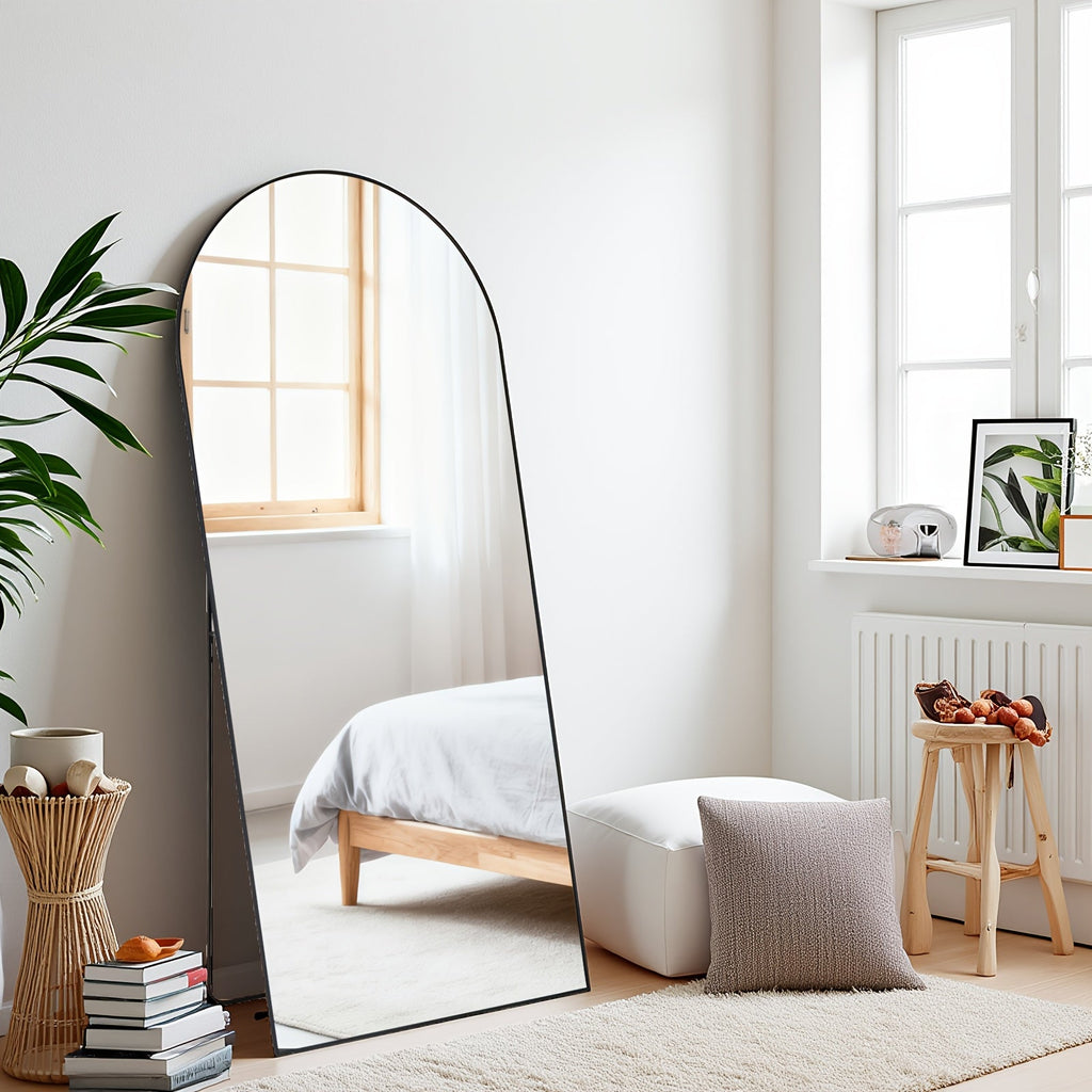 Full Length Mirror Floor Standing, Arched & Rect Body Mirror with Stand, Hanging or Leaning Wall Mirror, Aluminum Alloy Thin Frame for Bedroom Hotel Bathroom
