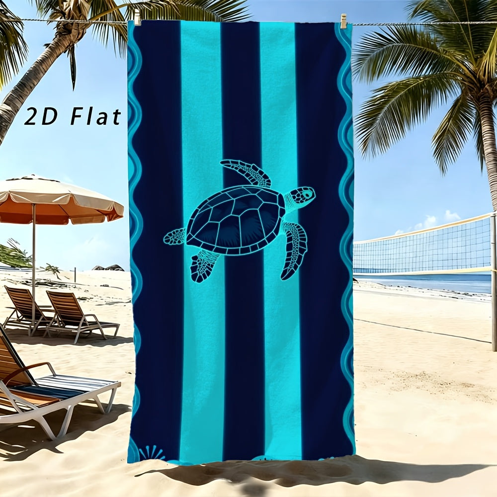 Sea Turtle Beach Towel, Blue Striped Nautical Print, Soft Absorbent Microfiber, Stylized Wave Pattern, Ideal for Beach Trips, Pool Days & Summer Vacations, Lightweight Coastal Design