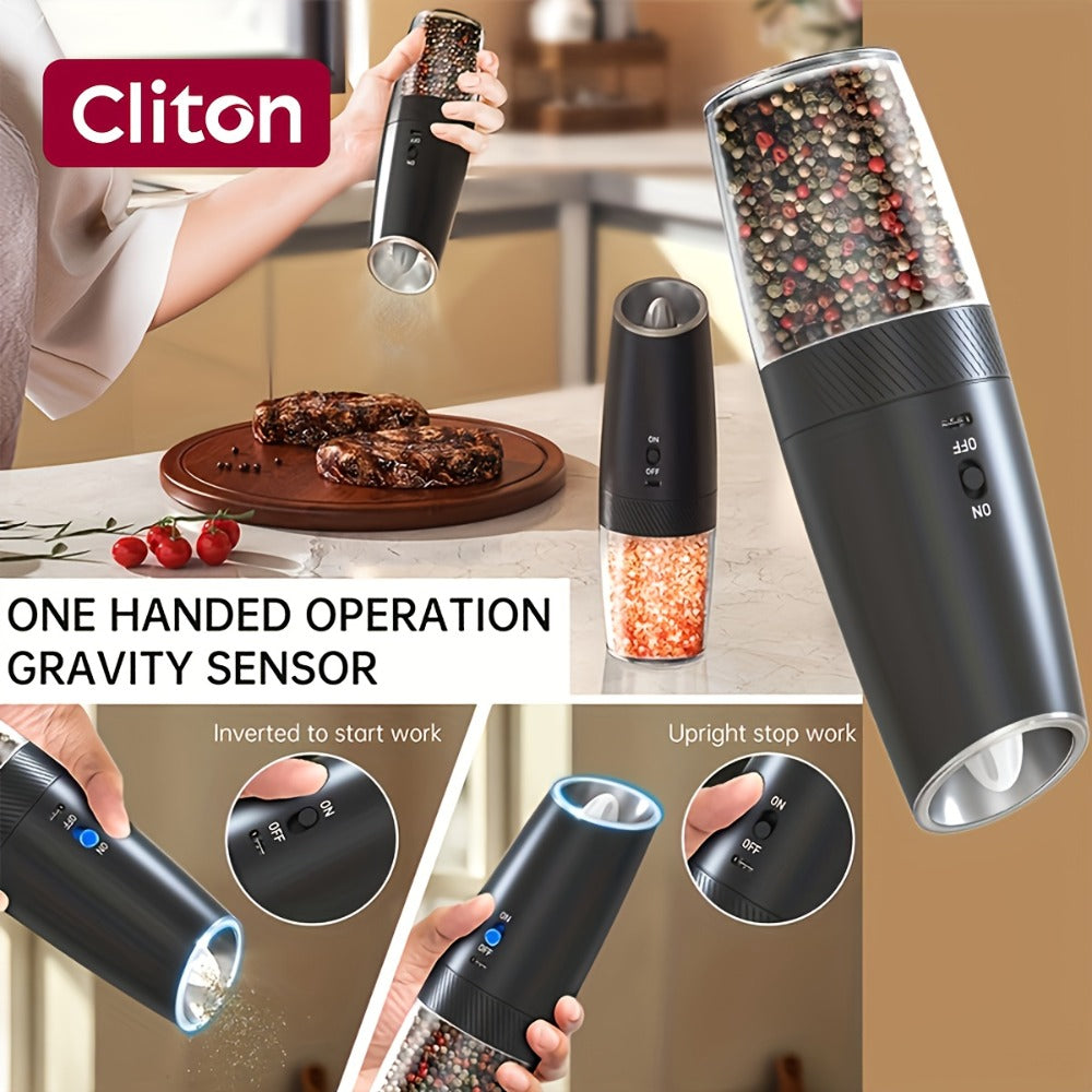 Electric Salt and Pepper Grinder Gravity Sensing USB Rechargeable with LED Light, One-Hand Operation Automatic Pepper Mill Adjustable Coarseness, Battery or Type-C Powered Kitchen Spice Grinder Set 1-2pcs