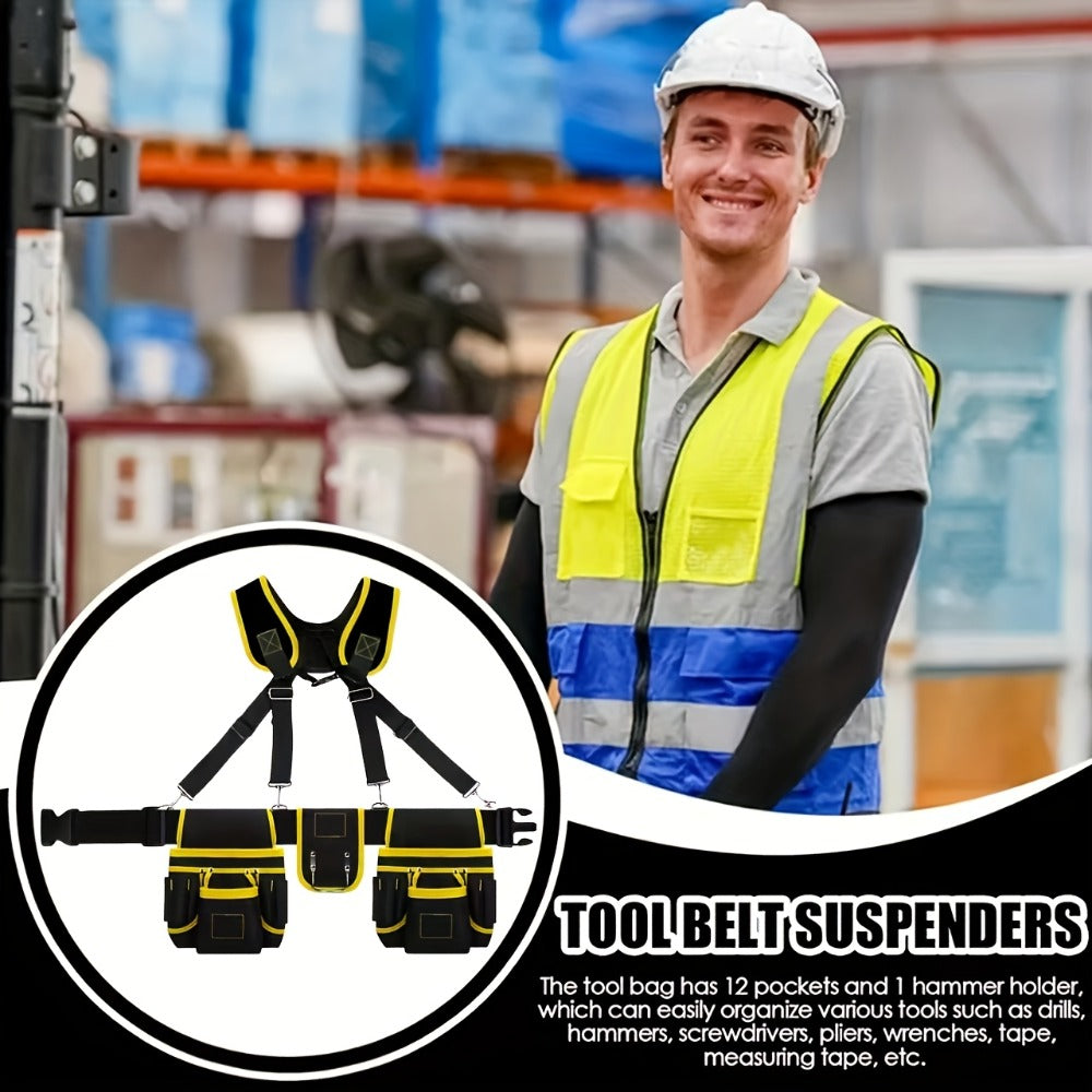 Tool Belt Heavy Duty Multi-Pocket Tool Pouch Bag Adjustable Waist Tool Organizer for Electricians Carpenters Mechanics Gardeners Construction Workers Black Yellow