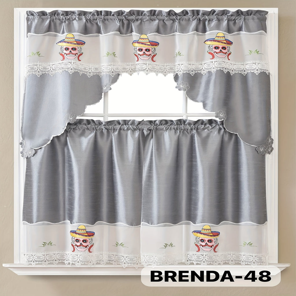 Kitchen Curtains 3 Piece Set Embroidered Satin Valance and Tiers - Rod Pocket Light Filtering Machine Washable 46 Colors Available All Season Home Decor