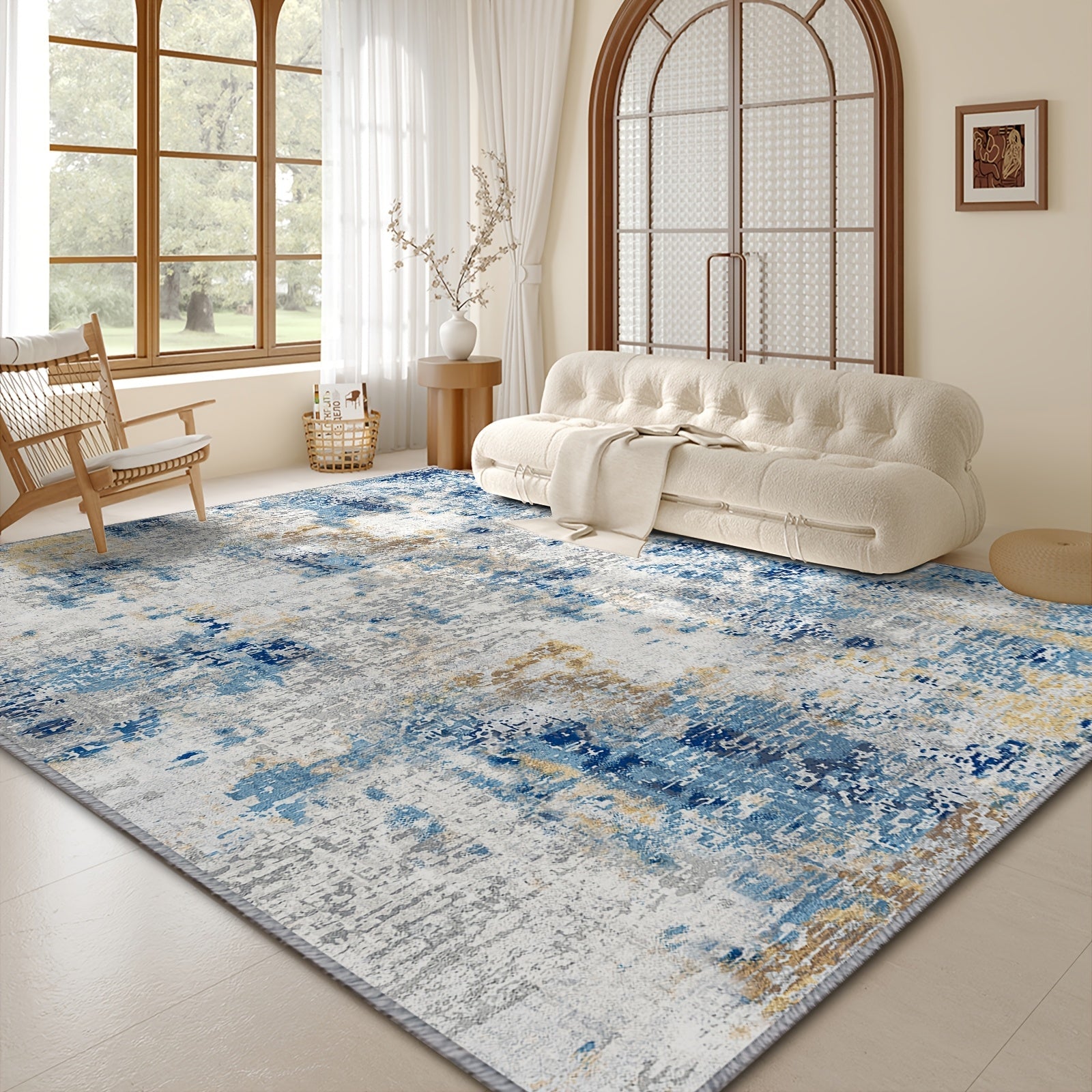 Moroccan Boho Area Rug Machine Washable Low Pile Soft Indoor Carpet for Living Room Bedroom Office Neutral Blue Brown Red Multi-Size