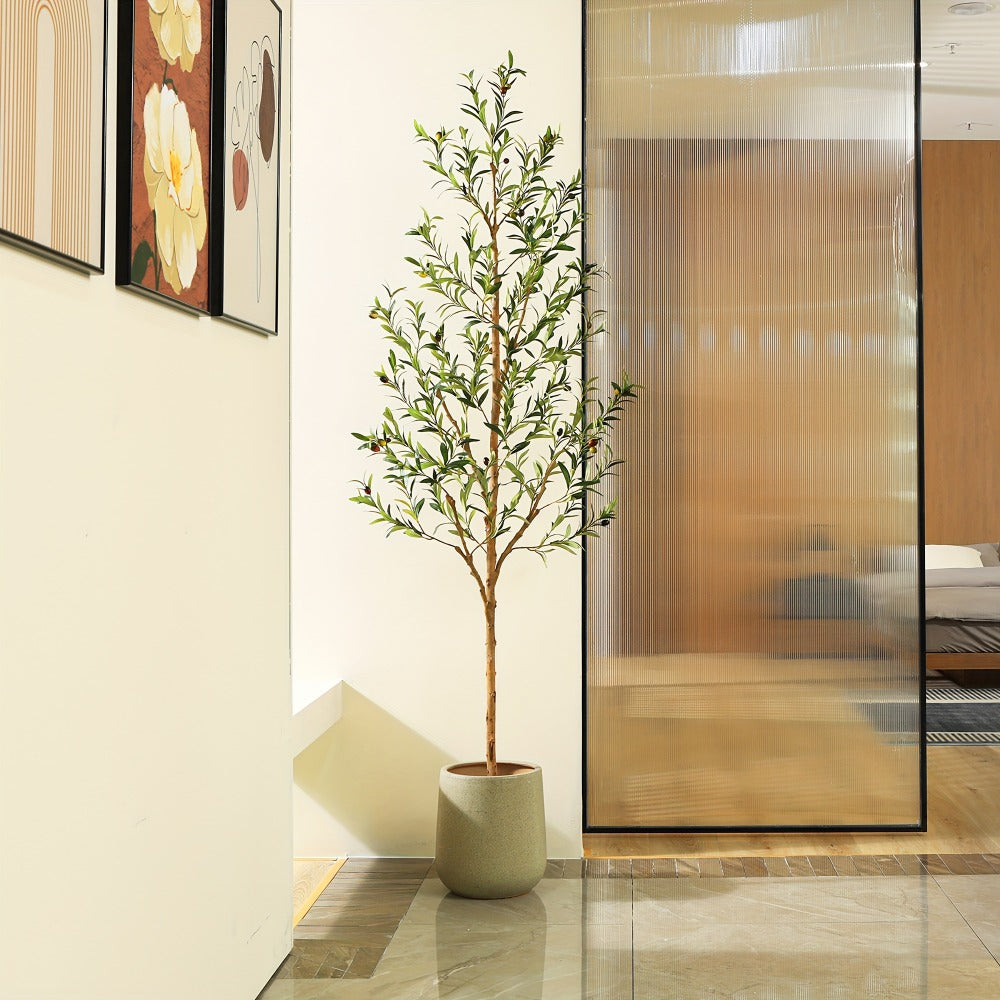 Artificial Olive Tree Potted Faux Plant Real Wood Trunk Lifelike Fruits Indoor Outdoor Home Office Decor Fake Silk Tree Multiple Sizes Available 4ft 5ft 6ft 7ft