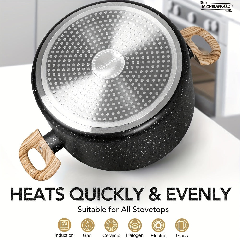 Nonstick Stock Pot Granite Soup Pot with Lid Induction Compatible Aluminum PFOA Free Stay Cool Handle for Soup Stew Pasta Seafood Curry 5qt 6qt 8qt 10qt Black White