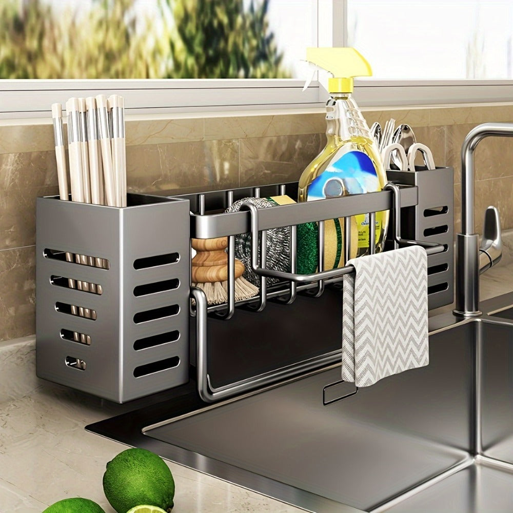 Kitchen Sink Organizer Sponge Holder with Self-Draining Tray Removable Rag Rod Carbon Steel Countertop Storage Rack for Sponges Brushes Soap Bathroom