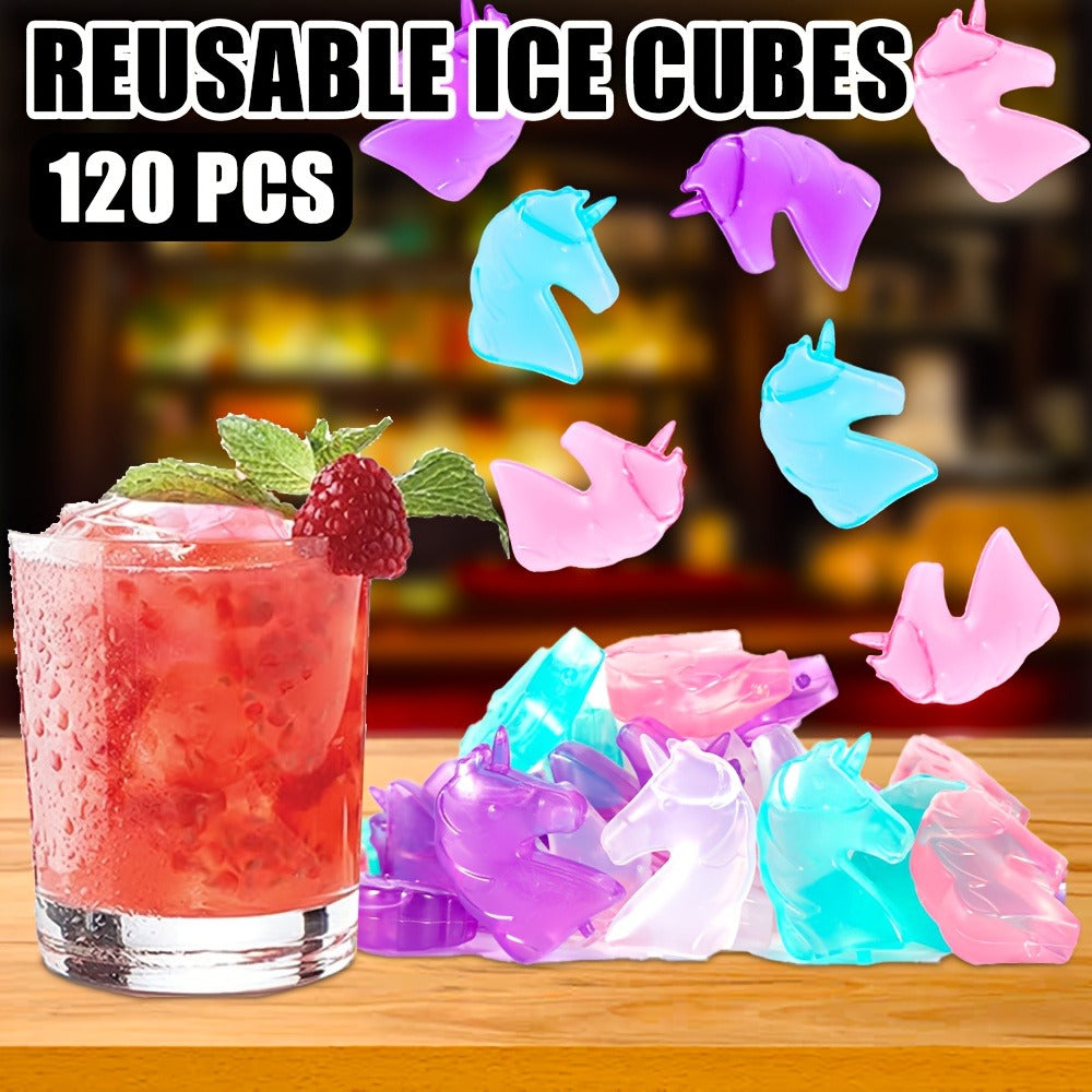 Reusable Plastic Ice Cubes 60/90/120/165 PCS - Non-Melting Non-Diluting Refreezable Ice Cubes for Whiskey, Vodka, Coffee & Cocktails, Rainbow & Unicorn Washable Fake Ice Cubes for Drinks
