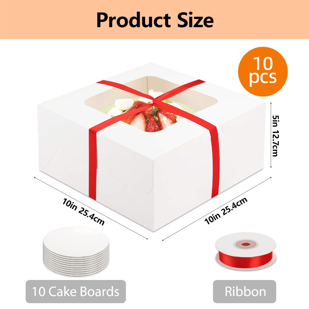 Cake Boxes 10 Sets 10x10x5 Inch White Square Bakery Boxes with Window Red Ribbon and Round Cake Boards for Birthday Party Wedding Holiday Baking Gift Packaging