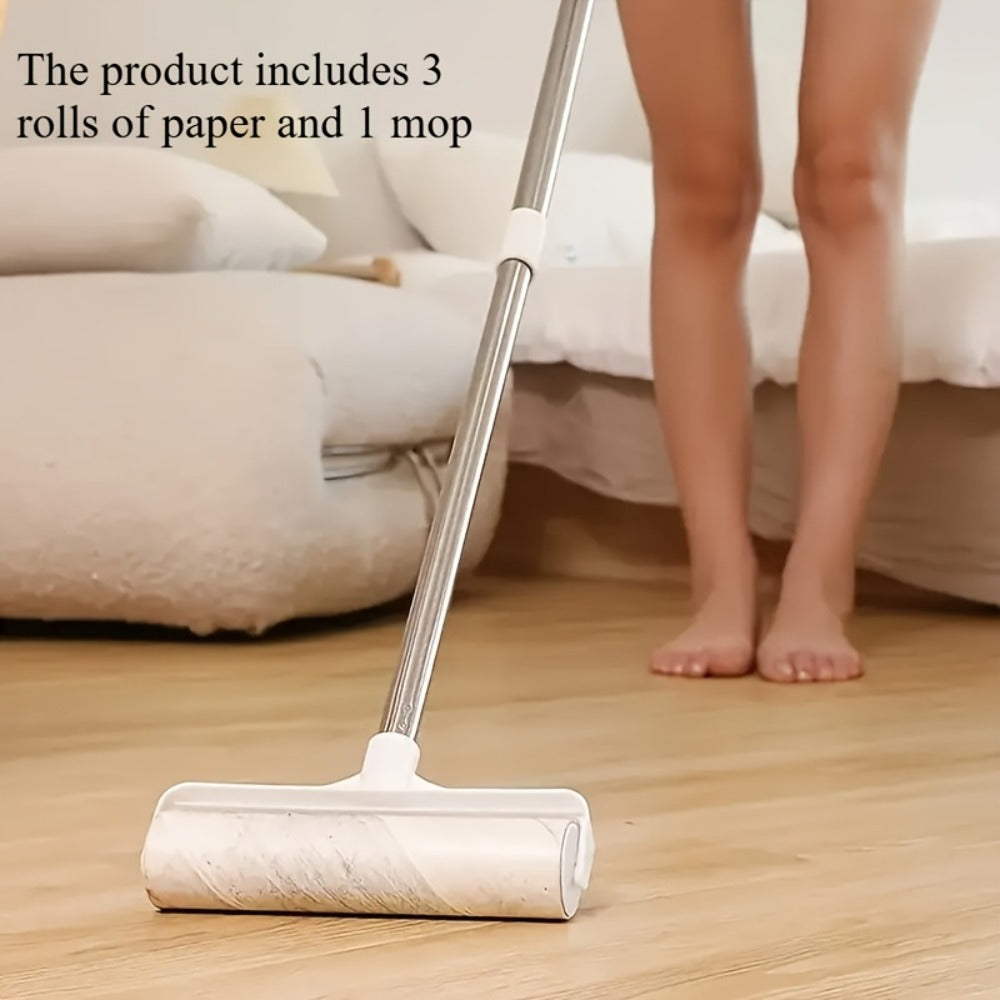 Pet Hair Remover Roller Mop Set 4pcs Lint Roller Long Handle with 3 Refill Rolls Retractable Cat Dog Hair Removal for Floor Sofa Carpet Clothing Cleaning